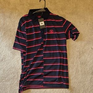 G/FORE Navy and Pink Striped Polo Shirt